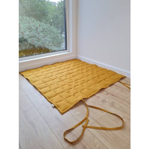 Organic Play mat filled HEMP Fiber mustard / gold linen fabric Blanky padded