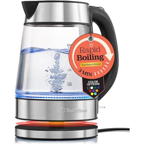 Speed-Boil Electric Kettle For Coffee & Tea - 1.7L Water Boiler 1500W, Borosilicate Glass, Easy Clean Wide Opening, Auto Shut-Off, Cool Touch Handle, LED Light. 360° Rotation, Boil Dry Protection