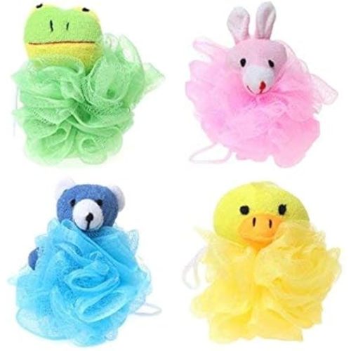 Cartoon Bath Pouf Puff Mesh Bath Sponges with Stuffed Animal Loofah (4 Pack) Rabbit,Bear,Duck,Frog Design
