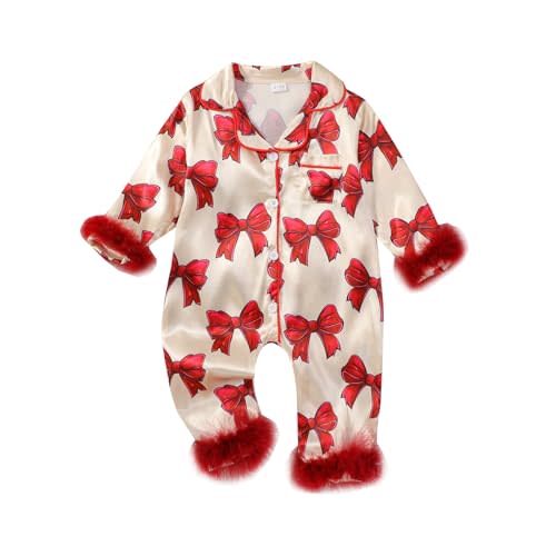 woshilaocai Baby Girl Button Down Romper Bow Strawberry Fuzzy Cuff Long Sleeve Jumpsuit Spring Summer Clothes