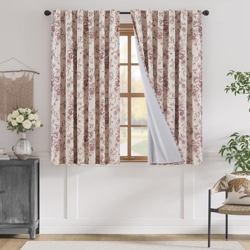 jinchan Blackout Linen Blend Curtain Floral Blackout Curtains for Living Room 63 Inch Length Brick Red Printed with Lined Blackout Curtain for Bedroom Farmhouse Curtains Set 2 Panels