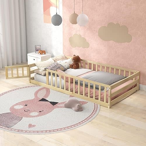 Twin Size Wood Floor Bed with Door & Fence, Montessori Bed Frame with Full Length Safety Guardrails, Door & Latch, Wooden Montessori Floor Bed for Kids, Girls, Boys (Natural, Twin)