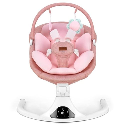 Baby Swing, Infant Swing with Remote Control, 5 Speed Adjustable, Machine Washable Seat Pad, 5 Point Safety Harness, Bluetooth Music, Electric Swing for Babies, Indoor Outdoor Use (Pink)