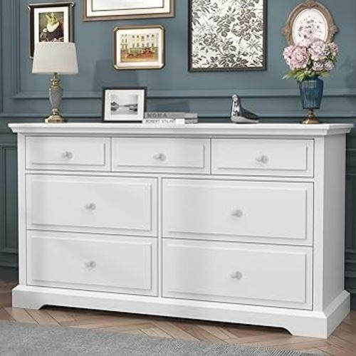 Loomie 7 Drawers White Double Dressers Chests for Bedroom, Large Storage Dressers Organizer for Bedroom, Long Dresser Tv Stand, Vintage Solid Tall Closet Dressers with Storage for Living Room, Hallway