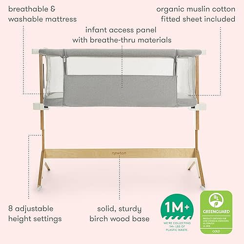 Newton Baby Bassinet & Bedside Sleeper with Mattress & Sheet - 100% Breathable & Washable, Removable Dual-Layer Cover | Solid Birch Frame Adjustable Height & Infant Access Opening