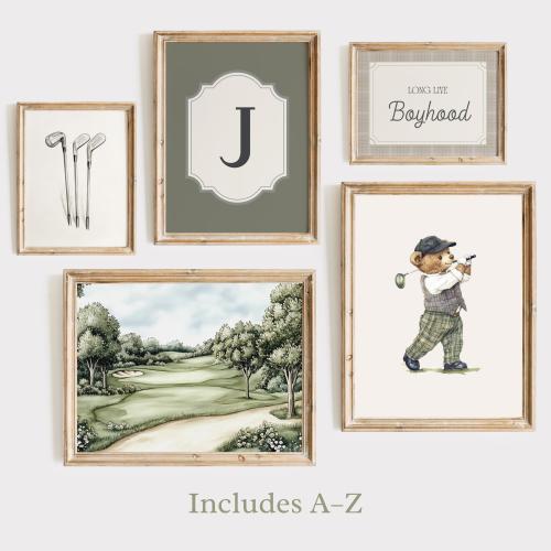 Personalized Golf Prints, Teddy Bear Nursery, Set of 5 prints, Sage Green, Vintage Sport Nursery Decor, Golf Boy Room Print, Monogram Print