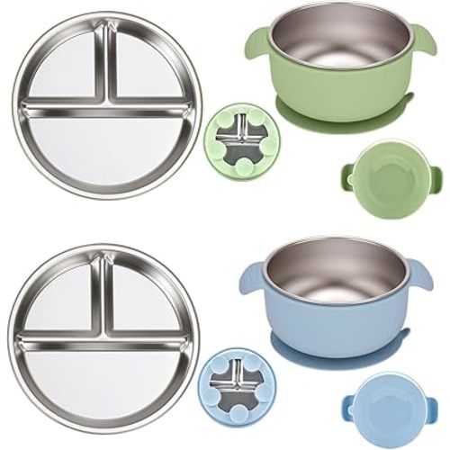 Baby Plates and Bowls Set with Removable Silicone Suction Easy Clean Stainless Steel Baby Feeding Set with Toddler Stainless Steel Kids Toddler Cutlery(Green