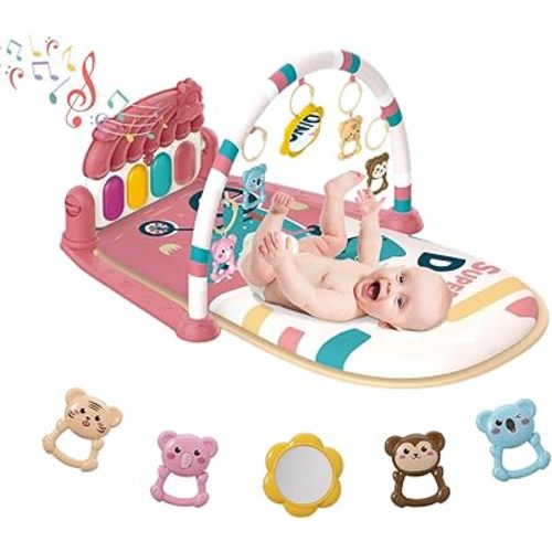 dearlomum Baby Play Mat Baby Gym, Piano Tummy Time Baby Activity Gym Mat with 5 Infant Learning Sensory Baby Toys, Music and Lights Boy & Girl Gifts for Newborn Baby 0 to 3 6 9 12 Months(Pink)
