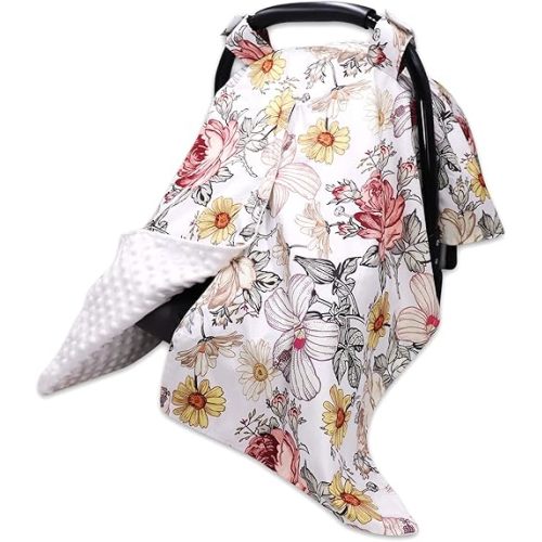 Floral Baby Car Seat Canopy Soft Plush Dotted Backing Baby Car Seat Cover Girls, Infant Carseat Canopy, Stretchy Multi- use Nursing Cover for Stroller/High Chair/Shopping Cart/Car Seat Canopies