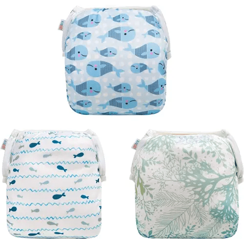 ALVABABY 3pcs Swim Diapers Baby & Toddler Snap One Size Reusable Adjustable Baby Boy Large Fish&sea-Plant 3ZSWY02