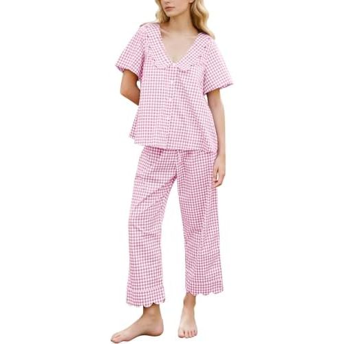 Kissonic Womens Gingham Pajama Set Valentines Day Pjs Cute Cotton Ruffle Pajamas Sleepwear Lounge Set