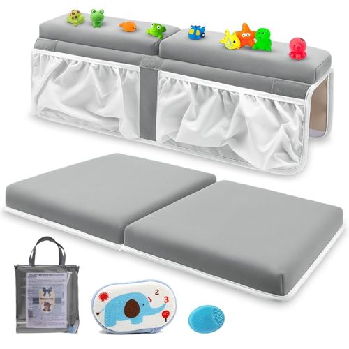Bath Kneeler and Elbow Rest Pad Set for Baby Bathtub, Thick Non-Slip Bathing Kneeling Mat Cushion Quick Drying Bathtub Knee Saver with Arm Support and Pockets for Bathroom Bathing time Comfort, Gray