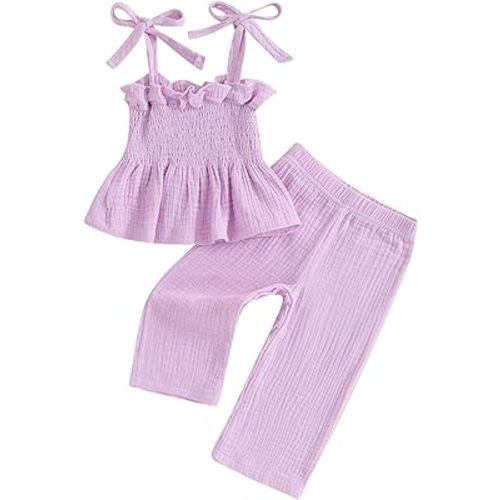 Toddler Baby Girl Summer Clothes Cotton Linen Sleeveless Ruffle Smocked Strap Top Lace Pants 2Pcs Outfit