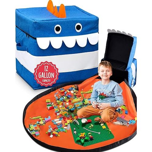 XXL Toy Storage Organizer with Play Mat – Dinosaur & Monster Storage Bag/Box for Kids, Boys, Nursery, Playroom – Toy Chest Basket for Building Bricks & Blocks 15x15x15