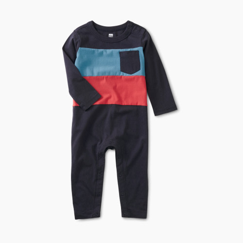 Tea Collection Long Sleeve Pocket Baby Romper - Indigo, 0-3 M