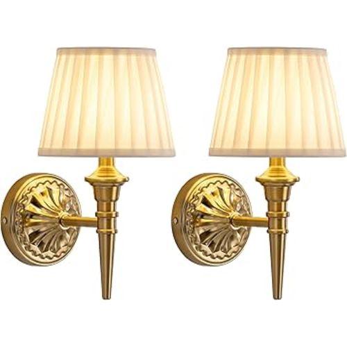 KDG Cordless Wall Sconces Set of 2, Small Wireless 5200mAh Rechargeable Battery Fabric LED Wall Lamps, Portables Lightings for Wall Painting, Living Room, Bedroom, Hallway, Gifts, Night Light (Gold)