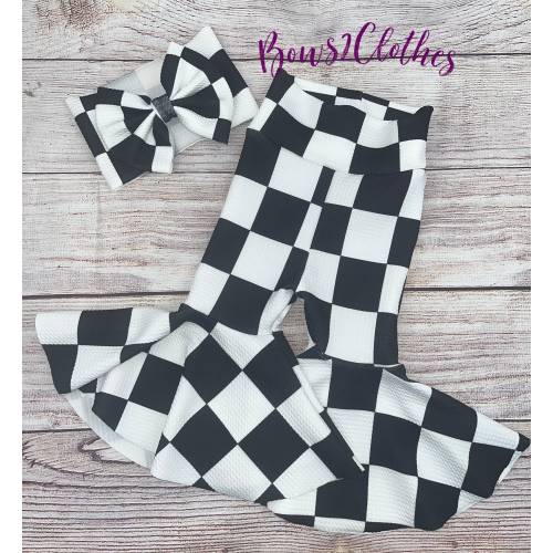 Black and White Checkered / Baby Girl Bell Bottoms and Bow Set