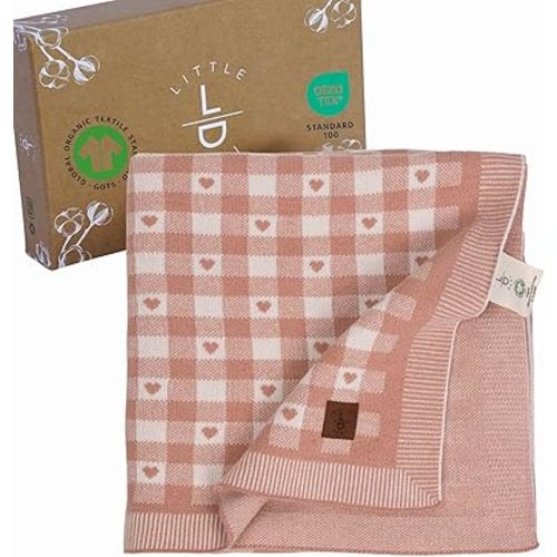 Gender-Neutral Checkered Baby Blanket 30x40 Inches, Pink Heart – 100% Organic GOTS Certified Cotton, Soft and Lightweight, Cloud Pattern Design, Perfect for Swaddling
