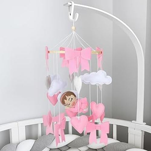 Skylety Bow Baby Mobile for Crib Felt Cloud Pink Heart Crib Mobile for Girls and Boys Sweet Cute Nursery Room Decoration Bows Ceiling Hanging Toy Newborn Gift Baby Shower Home Parents Use, No Hanger