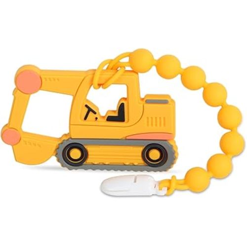 Baby Construction Vehicles Teething Toys,Food Grade Silicone Teether with One-Piece Pacifier Clip Holder,Best Shower Gift for 3 Months+ Boy and Girl,BPA Free,Freezer Safe. (Excavator)