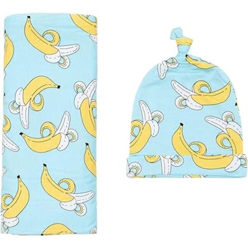 Little Sleepies Newborn Swaddle + Hat Set, Viscose Derived from Bamboo Baby Wrap, Bananas