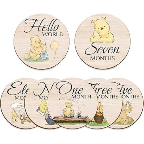 7Pcs Winnie Baby Monthly Milestone Circles, Classic Winnie Baby Stuff, Double-Sided Printing Months Baby Milestone Wooden Keepsake, Milestone Wooden Circles Stuff for Baby Photo