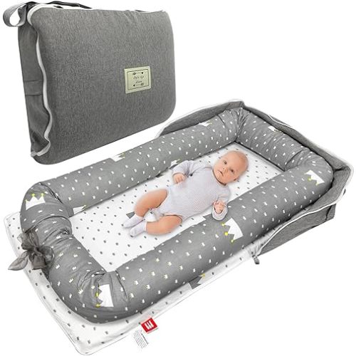Baby Lounger, Foldable Portable Infant Lounger, Soft Breathable Baby Nest Cover, Suitable for 0-24 Months Newborn Baby Lounger,Home Travel Dual-Purpose Baby Nest(Grey)