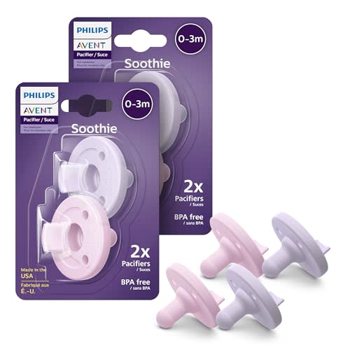 Philips Avent Soothie 0-3 Months Orthodontic Baby Pacifiers, 100% Silicone Pacifiers, One Piece, BPA-Free, 2 Lilac and 2 Pink, 4 Pack, Model SCF190/70