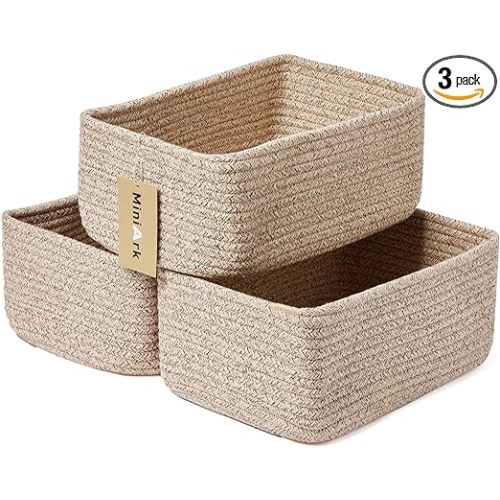 Small Storage Baskets for Organizing | Closet Organizer Bins | Shelf Toy Basket | Woven Rope Baskets | Cube Decorative Box | Shallow Basket | 11.5x7.5x4.7” | 3 Packs Mixed Brown