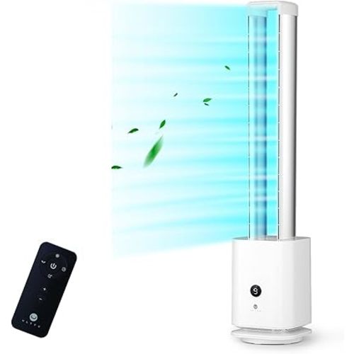 ULTTY Bladeless Tower Fan and Air Purifier in one, Bedroom Fan with HEPA Filter 99.97% Smoke Dust Pollen Dander, 42 Inch 90° Oscillating Tower Fan with Remote, Touch, 8H Timer