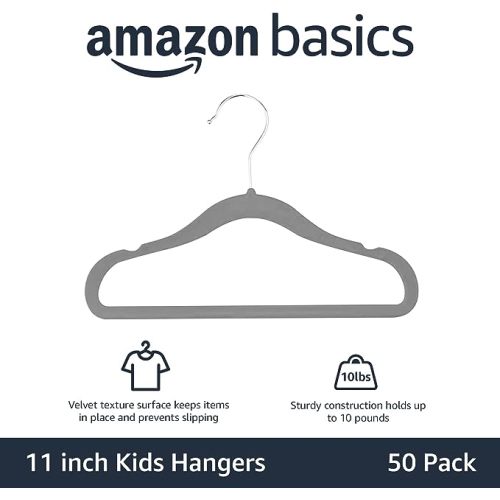 Amazon Basics Kids Velvet, Non-Slip Clothes Hangers for Infant and Toddler, 11.6 Inches (for baby clothes), Pack of 50, Gray - 50-Pack