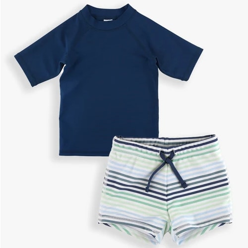 Navy Rash Guard & Coastal Stripe Shorties Set