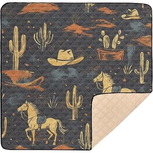 Baby Play Mat Western Cowboy Horse Cactus 50" X 50" Play Gym Crawling Mat Soft Non-Slip Portable Picnic Floor Mat for Infant, Babies, Toddler, Kids