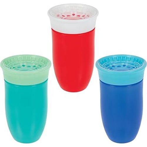 Nuby Wonder Cup - Spill-Proof Toddler Sippy Cups - (3 Pack) 10 oz - Sip from All Sides - Leak Resistant - Spoutless Transition Cup - Green/Red/Blue