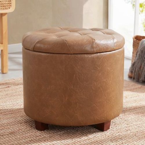 Ornavo Home Faux Leather Upholstered Round Tufted Storage Ottoman with Wooden Legs - Cognac
