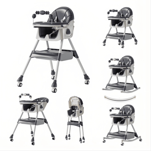 6 in 1 Baby High Chair & Rocking Chair with Locked Wheel for 6 Months to 12 Years,Convertible Baby scooter & Feeding Chair ,GREY