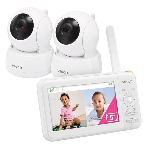 VTech 2 Cameras Video Baby Monitor with 5" LCD Screen,Up to 17Hrs Video & 31Hrs Audio, Night Vision, Pan-Tilt-Zoom, Lullabies, Soothing Sounds, Temperature Sensor,Split Screen, No WiFi: 924-2W