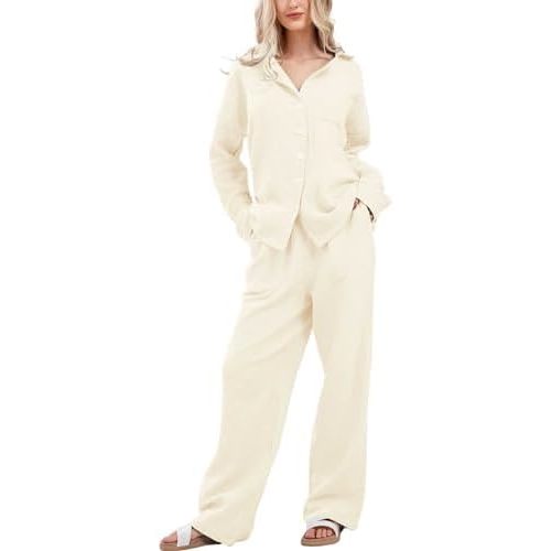 Womens Pajama Sets Cotton Pj Set Cute Heart Print Long Sleeve Button Down Shirt With Long Pants