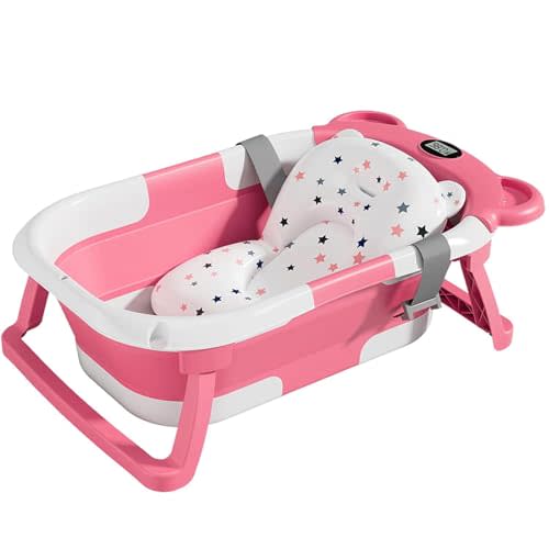 TPN Collapsible Baby Bathtub for Infants to Toddler with Real-time Temp Monitor+Floating Cushion,Foldable Baby Bath Tub Set Applicable 0-36 Month,Perfect Portable Travel Baby Tub for Newborns Girl