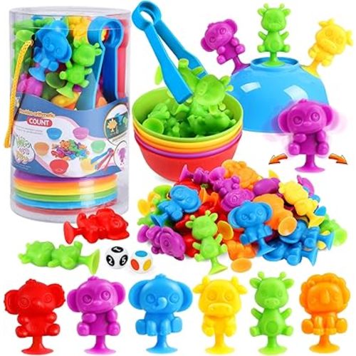 Skrtuan Montessori Counting Animals Toys with Suction Cups & Sorting Bowls - Color Sorting, Stacking Sensory Toys for Fine Motor Skills, Toddler Learning Activities Gift Ages 3+