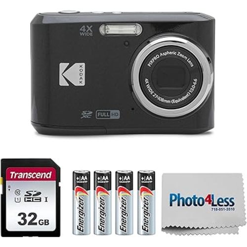 KODAK PIXPRO FZ45 16MP Digital Camera with 4X Optical Zoom 27mm Wide Angle and 2.7" LCD Screen Bundle with 32GB SD Memory Card, AA Batteries (4 Pack), Lens Cleaning Cloth (Black)