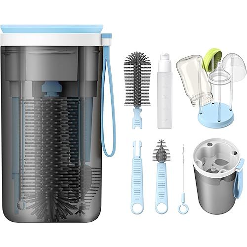 YOTIME Travel Baby Bottle Brush Set, Included Silicone Bottle Brush, Nipple Cleaner Brush, Straw Brush, Soap Dispenser and Drying Rack, Blue