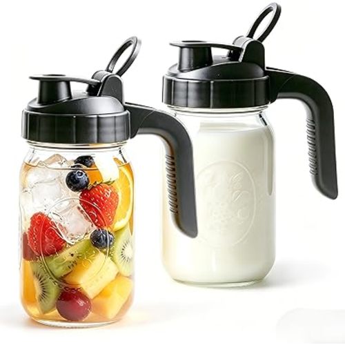 Glass Pitcher With Lid 32 Oz Mason Jar Breast Milk Pitchers For Fridge Airtight Leakproof 1 Quart Glass Water Jug With Handle For Cold Brew Coffee Iced Tea Sun Tea Juices Beverages(2 pack)