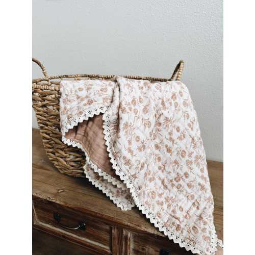 Vintage Floral Lace Muslin Organic Baby Blanket, Newborn Swaddle (47x47in)