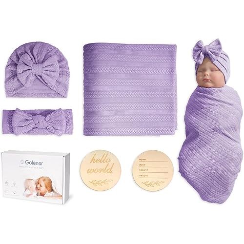 Golener Muslin Swaddle Blankets,Sleepea Swaddle with Bow Headbands, Hats Set and Newborn Name Announcement Card, Stretchy Baby Blankets for Girls and Boys Unisex, Perfect for Newborn Photos (Purple)