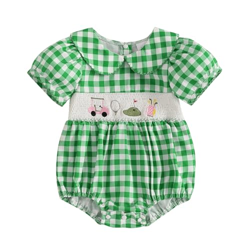 GOOCHEER Summer Baby Girl Romper Bodysuit Golf Plaid Embroidery Short Sleeve Jumpsuit Summer Clothes
