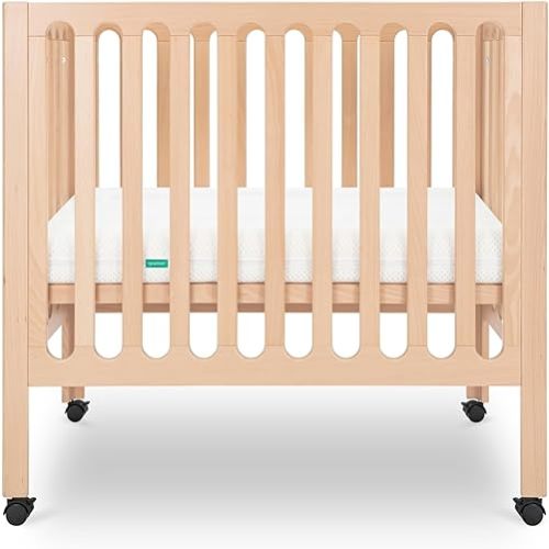 Newton Baby Galileo Mini Crib Solid Beech Wood with Wheels in Natural Color, Mini Crib Mattress Included, Adjustable Mattress Height, Ultra-Safe Non-Toxic Finish