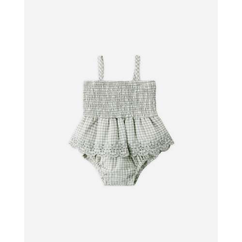 Smocked Skirted Romper Sage Gingham