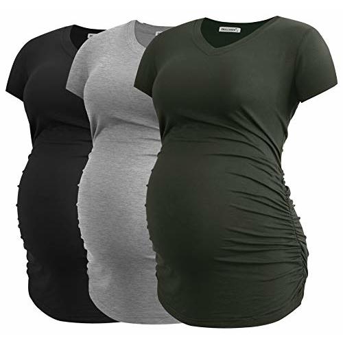Smallshow Women's V Neck Maternity Clothes Tops Side Ruched Pregnancy T Shirt