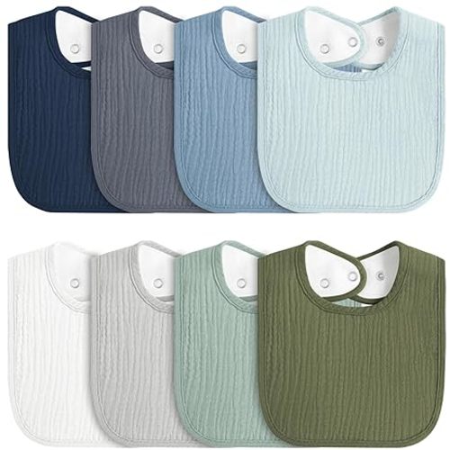 MairMore 8-Pack Baby Muslin Bibs, Soft Cotton Drool Bibs for Boys Girls, Adjustable and Absorbent Newborn Bib Set for Feeding and Drooling